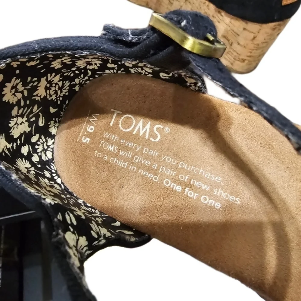 Toms Black Buckle Open Toe Cork Wedges